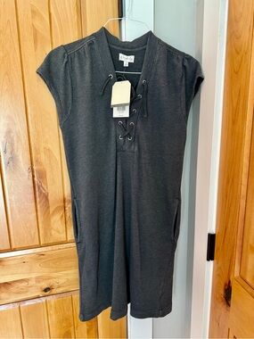 NWT Wonderly Lace Up Pullover Dress Cotton Pockets Washed Black Color